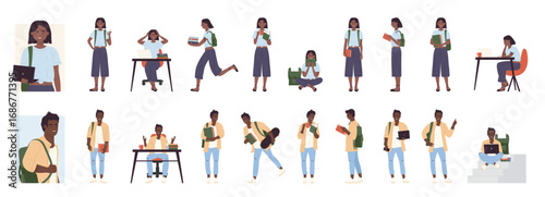 Cartoon student dark skin male female holding coffee cup, posing with book to study, walking, running with skateboard isolated. Man and woman young students poses infographic vector illustration set