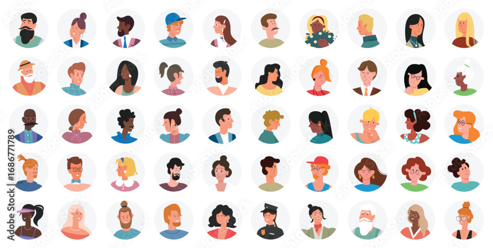 Obraz premium Set of portraits, avatars, icons people, male female expressing emotions. Laughter joy, smile calmness. Diversity of personages, multiethnic society. Modern stylish diverse people vector illustration