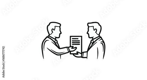 Two business colleagues exchanging a document, symbolizing partnership and agreement.
