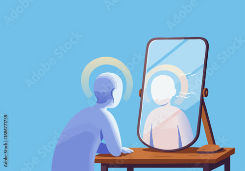 Stylized person looking in mirror contemplating identity self-reflection