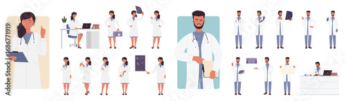 Doctors pose set vector illustration. Cartoon isolated female and male characters with stethoscope and medical robes, woman and man research patients xray of lungs and stomach, holding first aid box