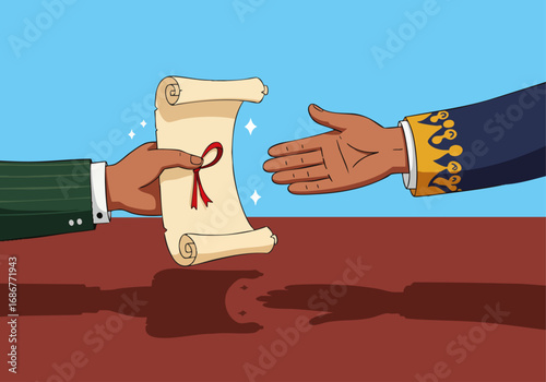Official document exchange illustration presenting a valuable scroll