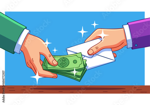 Hands Exchanging Money and Envelope Transaction Illustration