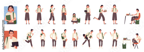 Cartoon student male female holding coffee cup, posing with book to study, walking, running with skateboard isolated. Man and woman young students poses infographic vector illustration set