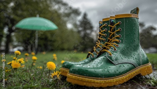 Green Rain Boots in a Grassy Area with Yellow Flowers and a Green Umbrella.