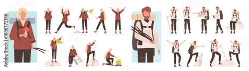 Cartoon man woman separated travelers hiking, camping, kayaking and climbing, young camper characters enjoy tourism adventures together isolated. People tourists poses vector illustration set.