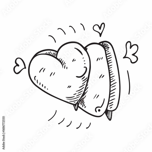 Two hearts lovingly embracing with small hearts and radiating lines suggesting affection and connection
