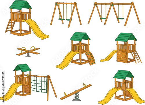 Colorful playground equipment with slides, swings, seesaws, climbing frames, outdoor play structures, children fun park, recreational area, wooden playset