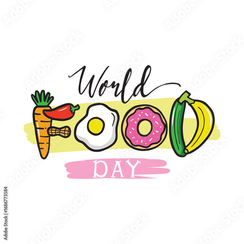 World Food Day. 16th October food day celebration banner, post with fruits and vegetables wearing chef hats in a carton box. The day promote global awareness, action for those who suffer from hunger.
