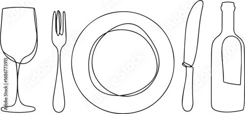 Plate fork knife bottle of wine and glass one vector one line drawing illustration