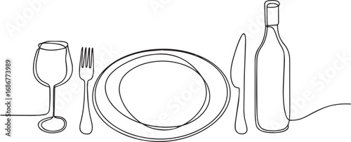 Plate fork knife bottle of wine and glass one vector one line drawing illustration