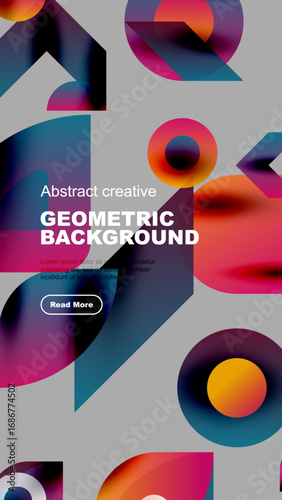 Modern design features vibrant geometric shapes, gradients, text overlay. Gray backdrop enhances colorful elements. Simple button included.