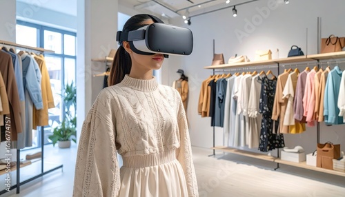 Woman in White Dress Using Virtual Reality Headset in Clothing Store