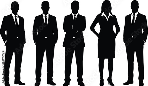 Business people silhouette illustration with professional men and women standing in formal corporate attire representing teamwork, leadership, success, office collaboration.