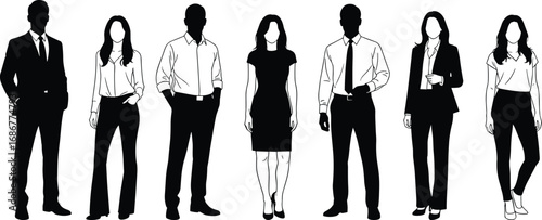 Business people silhouettes vector illustration featuring diverse office professionals, men and women, standing in formal and casual corporate attire.