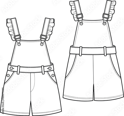 Girls frill strap dungaree shorts with belt, front and back technical sketch, kidswear apparel cad drawing flat vector illustration