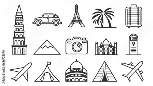 Travel and tourism outline icons set with airplane, landmarks, luggage, palm tree, camera and adventure symbols.