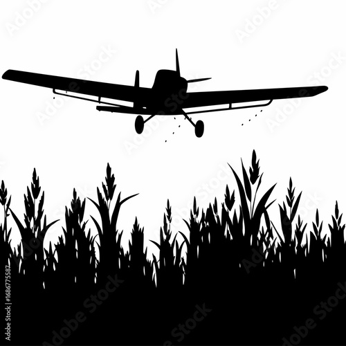 Airplane Flying Over Field Silhouette – Agriculture, Crop Dusting and Aviation Illustration
