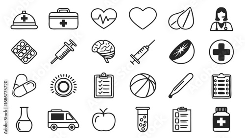 Medical and healthcare outline icons set with doctor, pills, syringe, heart, stethoscope, ambulance, clipboard and wellness symbols.
