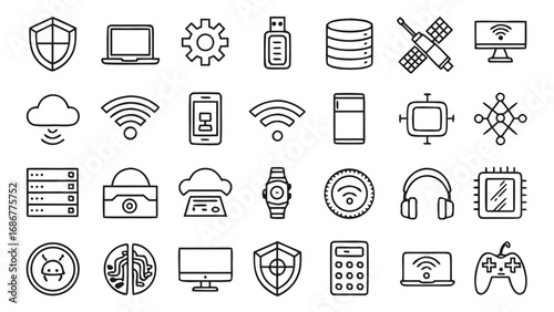 Technology and digital outline icons set with laptop, cloud, wifi, database, smartwatch, security shield, AI and gadgets.