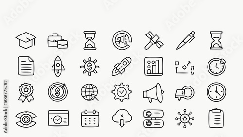 Business and education outline icons set with graduation cap, rocket, clock, calendar, chart, gear, documents and workflow symbols.