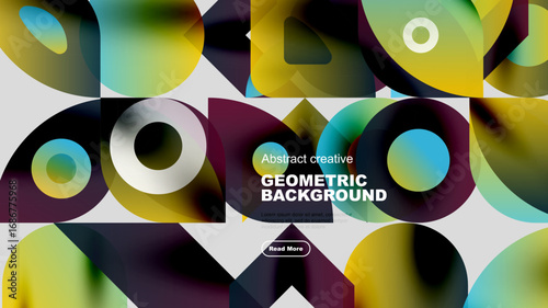 Abstract geometric shapes overlap, creating vibrant colorful background. Text promotes creative design, inviting further exploration.