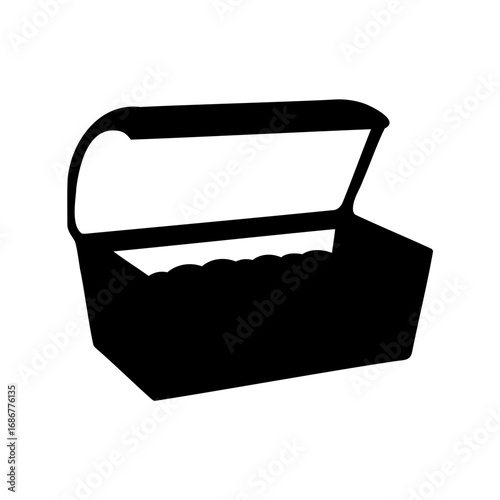 Stylized black silhouette image of an open treasure chest with contents