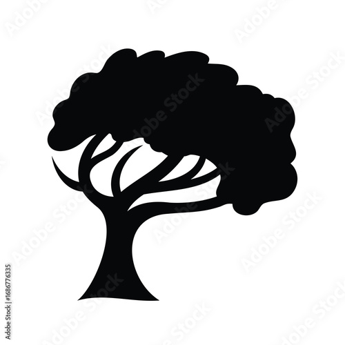 Silhouette of a majestic tree with branches on a white background