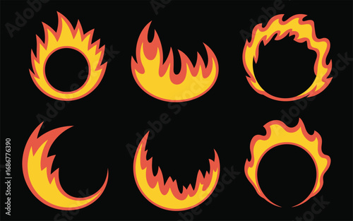 Six stylized fire rings in yellow and orange flame