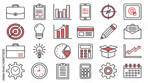 Business and office icons set featuring charts, graphs, calculator, calendar, briefcase, light bulb, gears, and documents. Perfect for finance, corporate strategy, marketing,