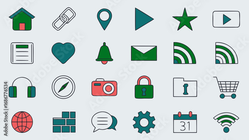 Modern outline icons for web and user interface including home, play, star, heart, bell, email, wifi, shopping cart, settings, and calendar.