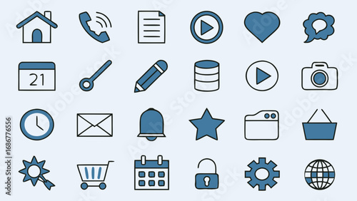 Collection of simple line icons for web and mobile interface design, including home, phone, calendar, camera, lock, settings, heart, and shopping cart. Ideal for apps, websites, and digital projects.