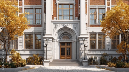 Fototapeta Naklejka Na Ścianę i Meble -  Modern high school entrance facade with contemporary architectural design, 3d illustration of academic building exterior showcasing glass windows, brick walls, and landscaped campus environment