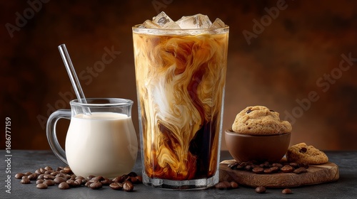 Iced Coffee in Tall Glass Swirled with Milk and Accompanied by Milk Jug and Bowl of Brown Sugar