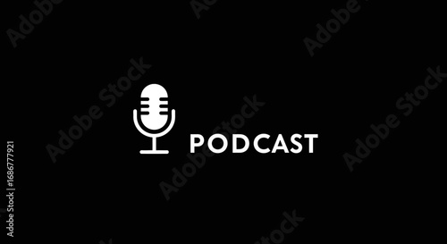 Minimalist white microphone icon next to the word podcast on a black background