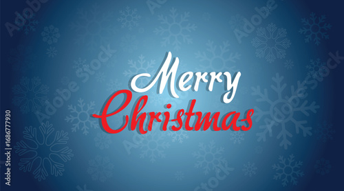Merry Christmas greeting card with snowflakes on blue gradient background
