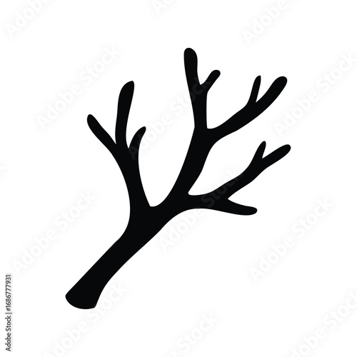 Isolated simple silhouette of a bare deciduous tree branch on white background