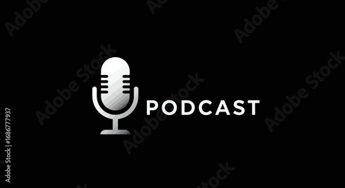 Modern retro microphone icon next to the word podcast on a dark background