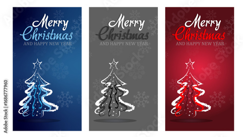 Merry Christmas and Happy New Year greeting banners with stylized trees in blue gray and red backgrounds