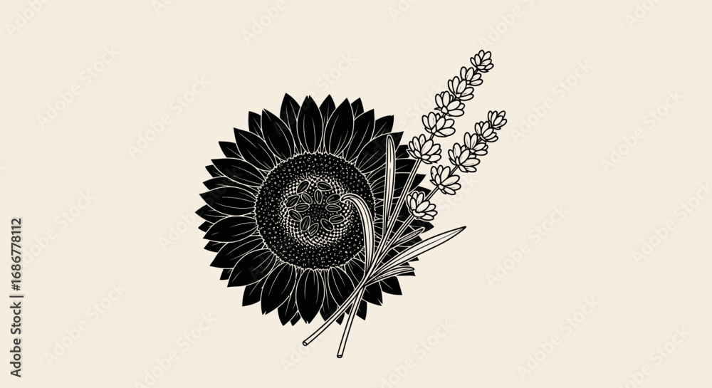 Fototapeta premium Minimalist black sunflower and lavender floral illustration.