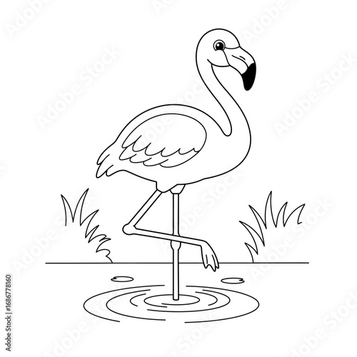 Simple line drawing of a flamingo standing on one leg in water with grass outline