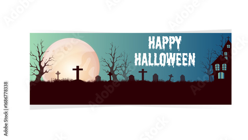 Happy Halloween banner with graveyard haunted house and full moon