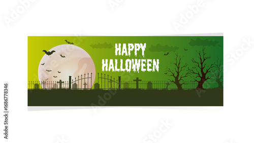 Happy Halloween banner with graveyard bats full moon and spooky trees