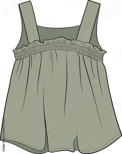Girls' ruffle smocked top cad drawing flat vector illustration, cute toddler blouse fashion technical sketch, kids clothing design template