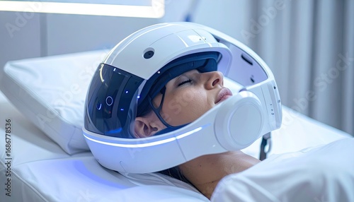 Woman Wearing a Futuristic Sleep Monitoring Device