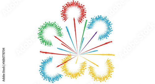 A vibrant, abstract illustration of a multi-colored fireworks display against a clean white background.