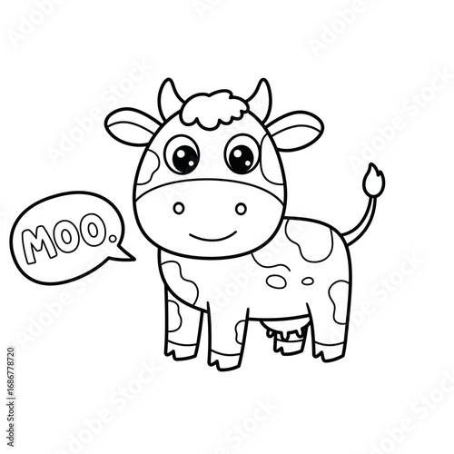 Cute cartoon cow with big eyes and a speech bubble saying moo perfect for children s illustrations