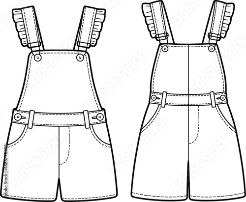 Girls ruffle strap short overalls, cute kidswear fashion flat sketch, summer dungaree design, cad drawing flat vector illustration