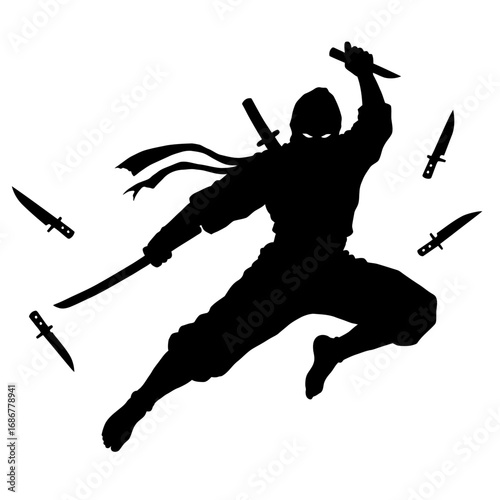 Dynamic silhouette of a black ninja warrior in mid air attack with swords and knives