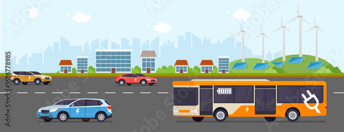 City road scene with electric cars and bus powered by renewable energy, solar panels, and wind turbines, symbolizing clean transport, zero emissions, and sustainable urban living.
